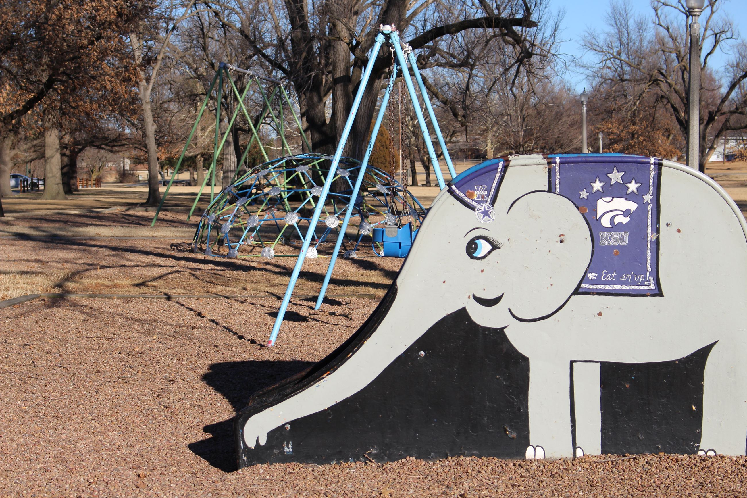 Lakeside Park has a playground featuring a slide that looks like an elephant.